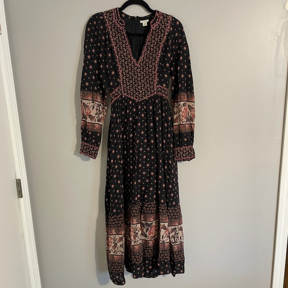 Sundance Maxi Dress Womens XS Black Floral Embroidered Long Sleeve Boho Peasant - Picture 3 of 14